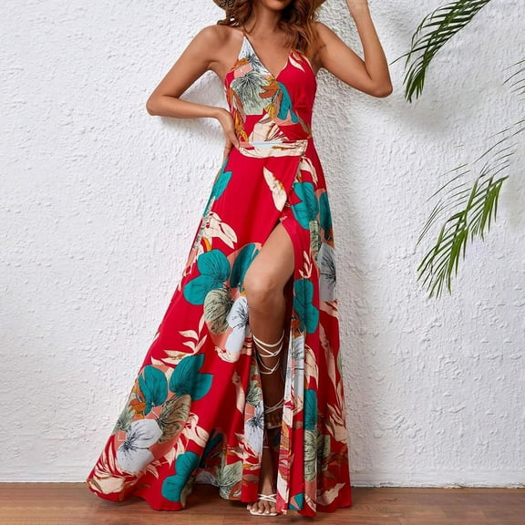 GYEDTR Womens Summer Dress Hawaiian Maxi Dresses Holiday Dresses For Women Floral Print V Neck Side Split Long Dresses Boho Sleeveless Evening Party Beach Sundress L