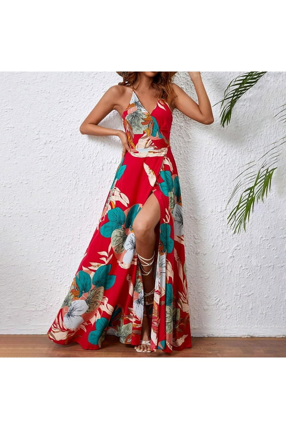Womens Summer Dress Hawaiian Maxi Dresses Holiday Dresses For Women Floral Print V Neck Side Split Long Dresses Boho Sleeveless Evening Party Beach Sundress XXL