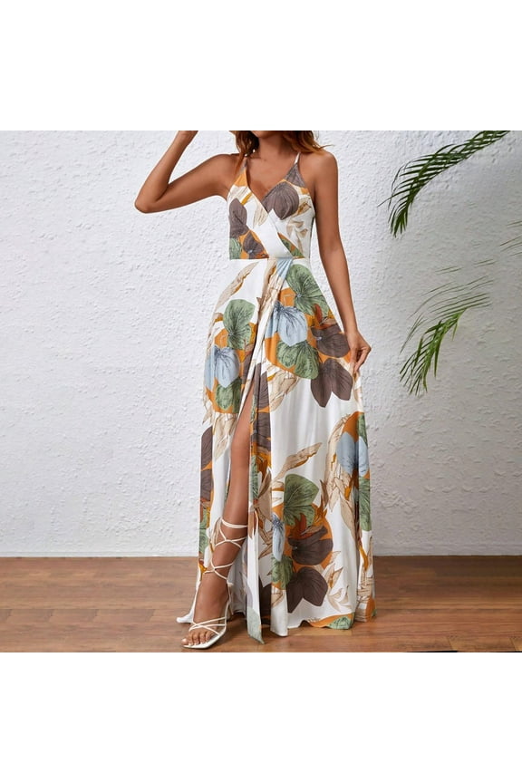 Yuwull Womens Summer Dress Hawaiian Maxi Dresses Holiday Dresses For Women Floral Print V Neck Side Split Long Dresses Boho Sleeveless Evening Party Beach Sundress S