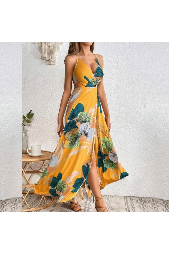 Womens Summer Dress Hawaiian Maxi Dresses Holiday Dresses For Women Floral Print V Neck Side Split Long Dresses Boho Sleeveless Evening Party Beach Sundress XL