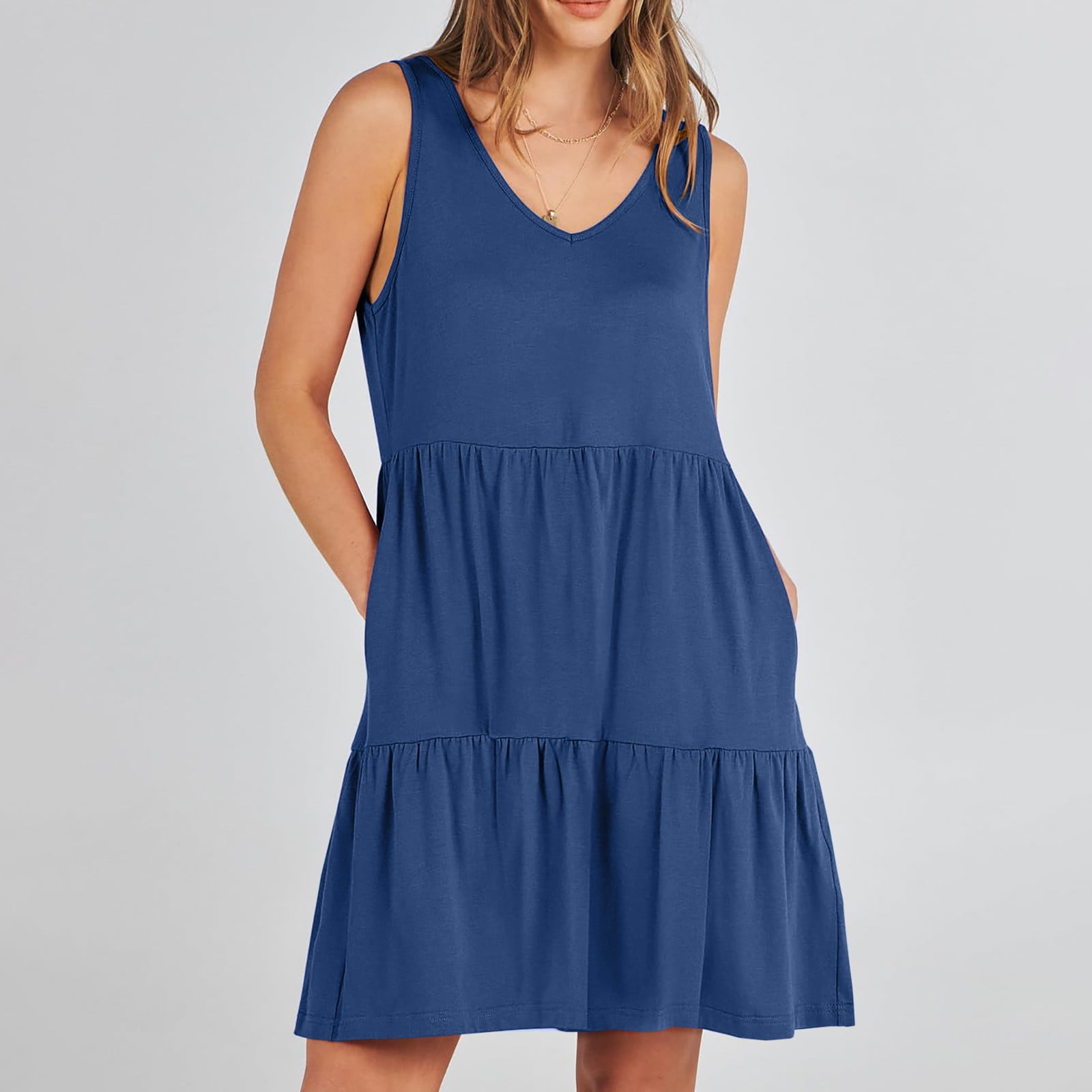 Yuwull Womens Summer Dresses 2024 Sleeveless Solid Color Smocked Elastic Waist Ruffle Tiered