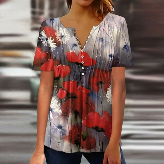 Yuwull Womens Summer Tops Hide Belly Tunic 2023 Summer Plus Size Tops Short Sleeve T Shirts Cute Flowy Henley Tshirt Casual Dressy Blouses for Leggings