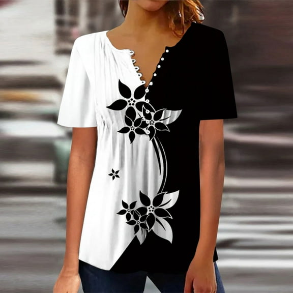 Yuwull Womens Summer Tops Hide Belly Tunic 2023 Summer Plus Size Tops Short Sleeve T Shirts Cute Flowy Henley Tshirt Casual Dressy Blouses for Leggings