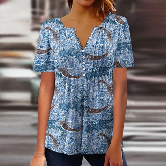 Yuwull Womens Summer Tops Hide Belly Tunic 2023 Summer Plus Size Tops Short Sleeve T Shirts Cute Flowy Henley Tshirt Casual Dressy Blouses for Leggings