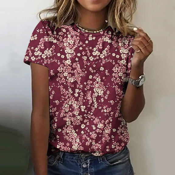 Gyedtr Womens Summer Tops Tops For Women Trendy Fashionable Women'S Casual Pullover Printed Short Sleeved Round Neck Womens Tops Dressy Casual 5XXXXL(4XL)