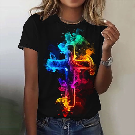 Gyedtr Womens Summer Tops Womens Tops Casual Fashionable Women'S Casual Pullover Printed Short Sleeved Round Neck Cute Tops For Women M