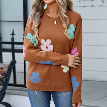 Yuwull Womens Sweaters Flower Print - Crewneck Knitted Long Sleeve Sweaters Fall Winter Pullover Casual Top