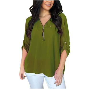 Yuwull Womens Tops Basic Tops Women Plus Size Casual Solid Color Fashion Loose Women Shirt V-Neck Zipper Long Sleeve Rivets Top On Clearances