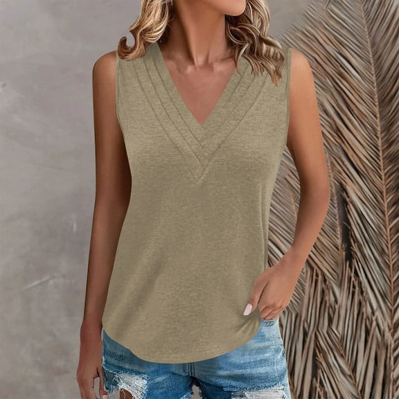 Yuwull Womens Tops Going Out Tops Women's Summer Pleated V-Neck Solid Color Sleeveless T-Shirt Womens Plus Size Tops