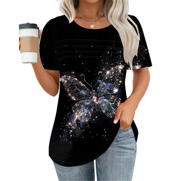 Gyedtr Womens Tops Going Out Tops For Women Women'S New Short Sleeve Round Neck Pullover Chest Pleated Casual Print Cute Tops For Women On32L