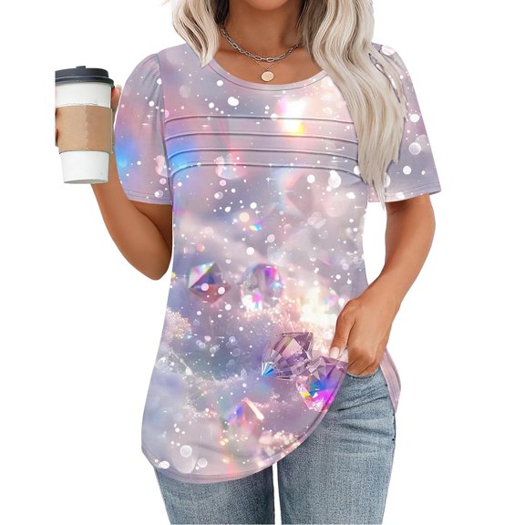 Yuwull Womens Tops Going Out Tops For Women Women'S New Short Sleeve Round Neck Pullover Chest Pleated Casual Print Cute Tops For Women On Clearance32XXL(2XL)