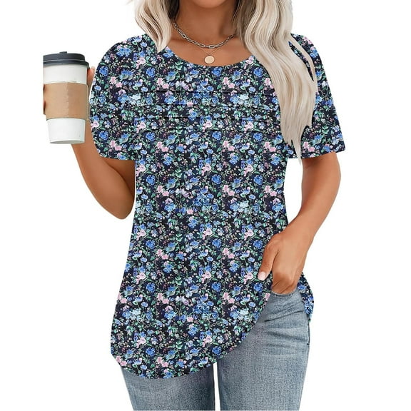 Yuwull Womens Tops Tops For Women Trendy Women'S New Short Sleeve Round Neck Pullover Chest Pleated Casual Print Ladies Tops And Blouses On Clearance16L