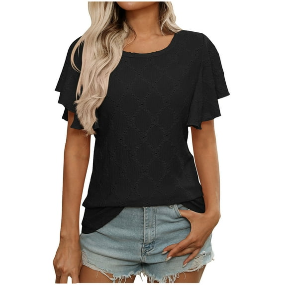 Yuwull Womens Tops Women'S Tops Women'S Loose Casual Solid Color Round Neck Hollow Leaf Sleeve Short Sleeved Shirt Women Tops On ClearanceM