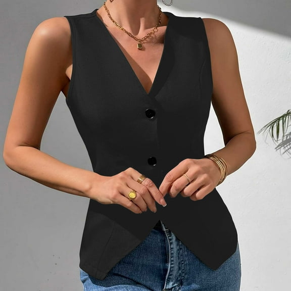 Yuwull Womens Tops Womens Tops Casual Women's Solid Color Button V-Neck Sleeveless Slim Tank Waistcoat Casual Blazer Tops Womens Plus Size Tops