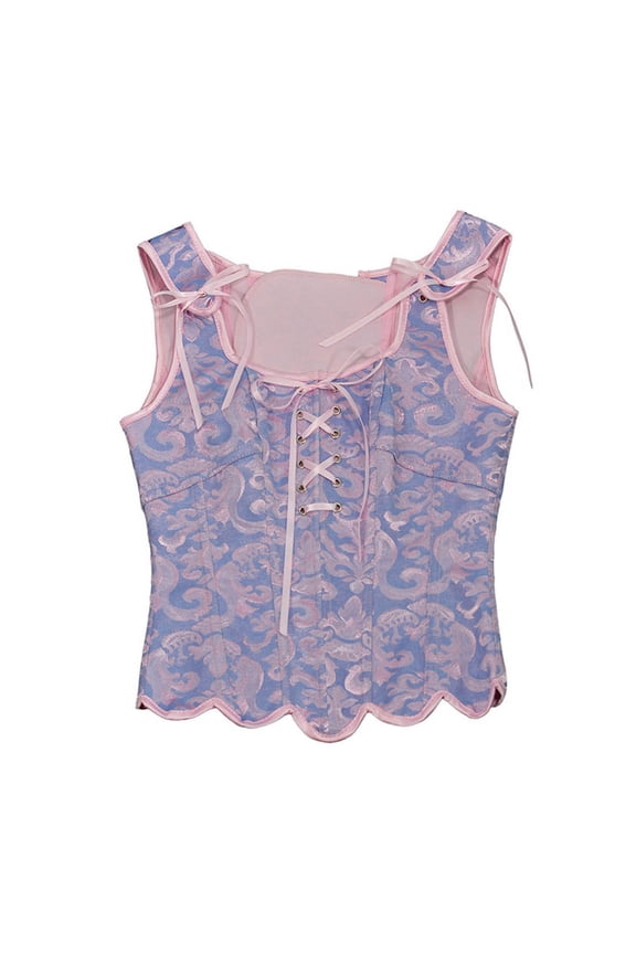 Womens Vintage Ruffle Hem Overbust Corset Tie Front Lace-Up Back Bustier Shapewear Top