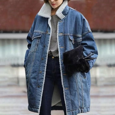 Yuwull Womens Winter Warm Jean Jacket Stand Collar Wool Liner Denim Coats Thicker Outerwear With Pockets