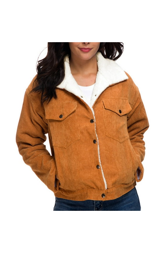 Womens Winter Warm Jean Jacket Stand Collar Wool Liner Sherpa Denim Corduroy Coats Thicker Outerwear With Pockets