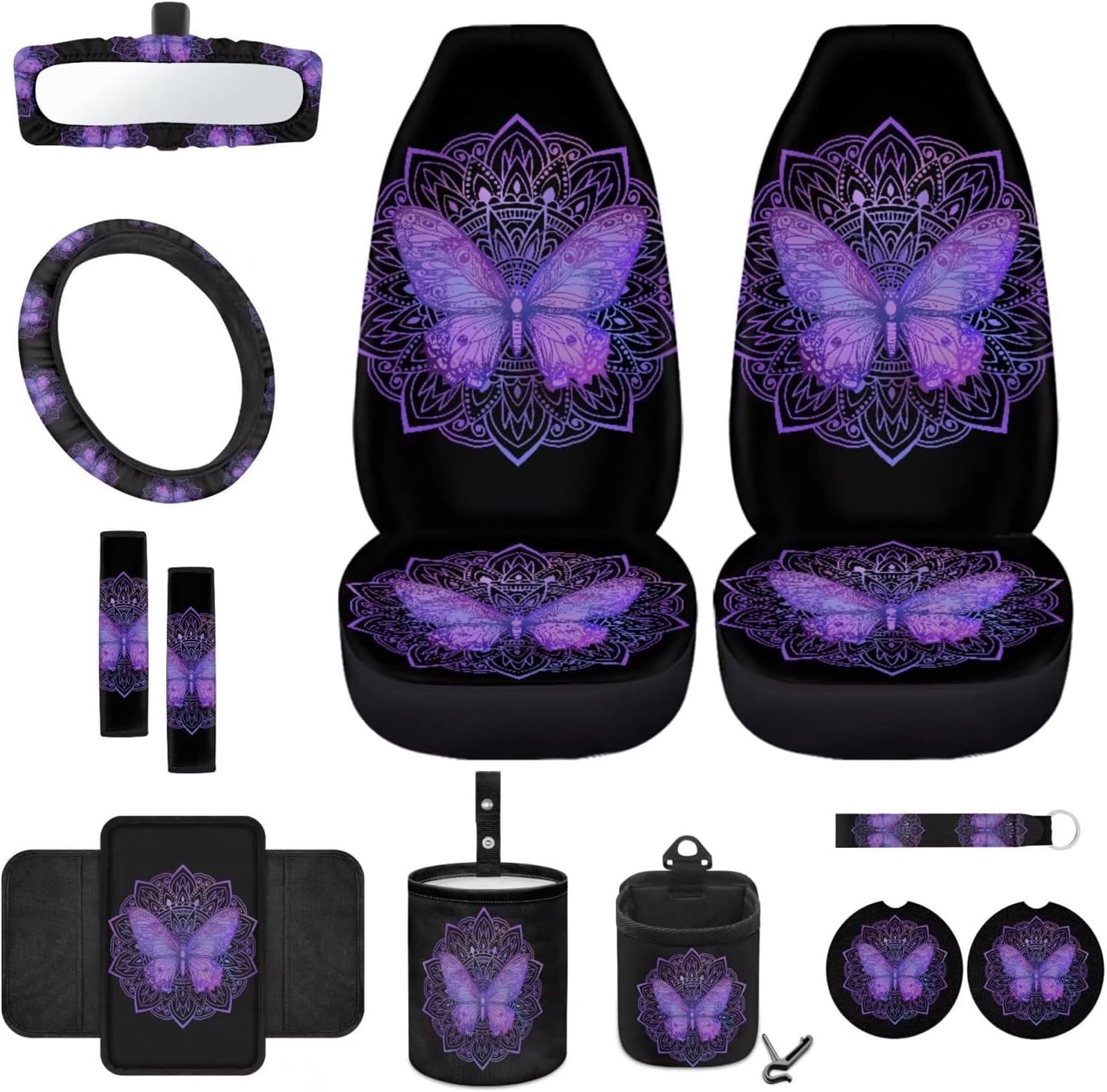 Yuyamidu 12 PCS Car Accessories Purple Butterfly Front Car Seat Covers Set Boho Steering Wheel Seat Belt Covers Armrest Pad Trash Bin Sunglass Pocket Rear View Mirror Cover Cup Coasters Key Chain