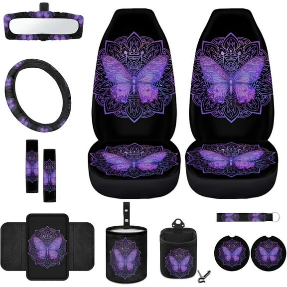 Yuyamidu 12 PCS Car Accessories Purple Butterfly Front Car Seat Covers Set Boho Steering Wheel Seat Belt Covers Armrest Pad Trash Bin Sunglass Pocket Rear View Mirror Cover Cup Coasters Key Chain