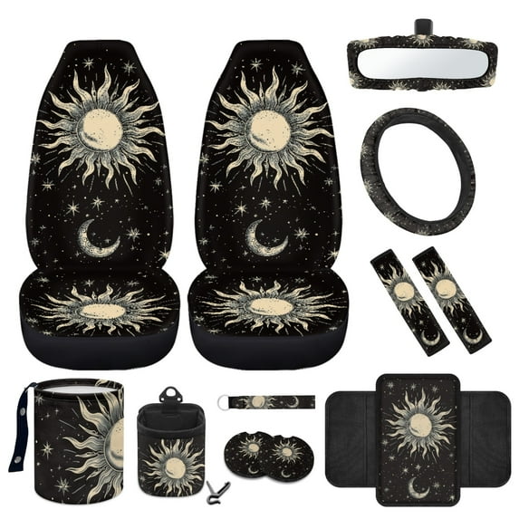 Yuyamidu 12 PCS Car Front Seat Cover Set Sun and Moon Steering Wheel Cover Seat Belt Pads Sunflower Armrest Cover Garbage Bin Air Vent Pocket Rearview Mirror Cover Coasters Keychain, Black