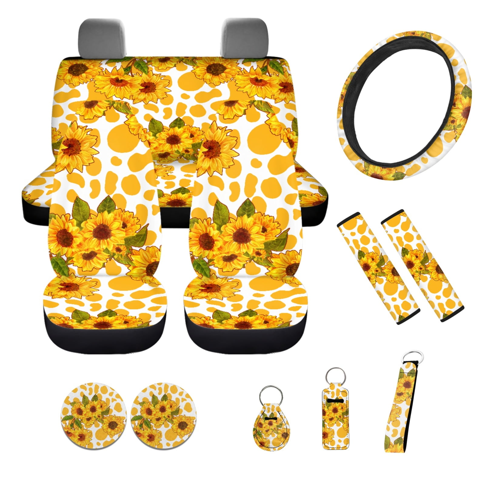 Yuyamidu 12 PCS Car Seat Cover Set Yellow Cow Print Steering Wheel