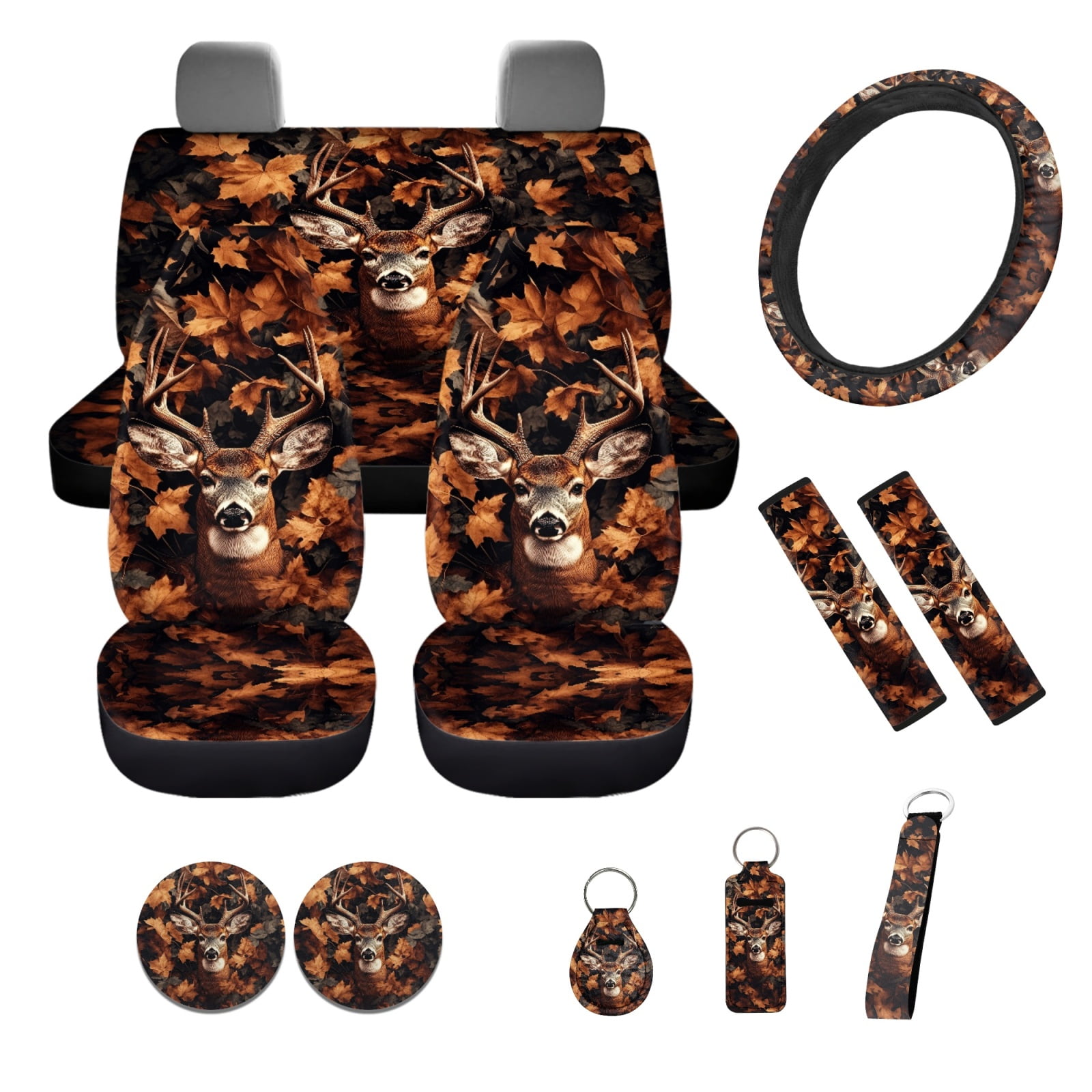 Yuyamidu 12 PCS Deer Car Seat Covers Set Camo Hunting Steering Wheel Cover Seat Belt Covers Coasters Keychain Wristlet Strap Keyring Chapstick Sleeve