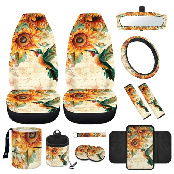 Yuyamidu 12 PCS Hummingbird Car Front Seat Protector Sunflower Steering Wheel Cover Seatbelt Pads Center Console Cover Trash Bin Air Vent Bag Rearview Mirror Cover Cup Holders Wrist Key Chain
