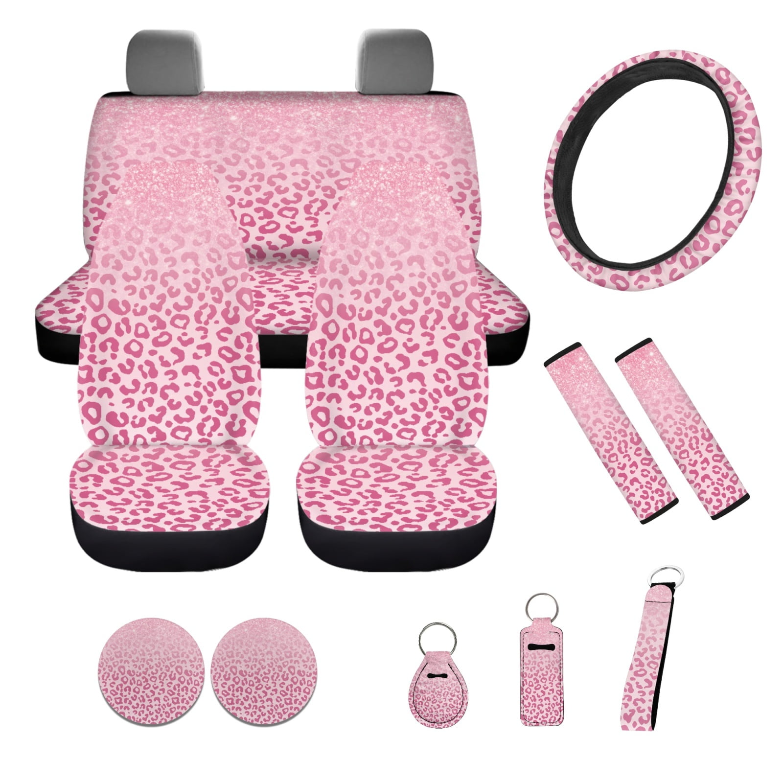 Yuyamidu 12 PCS Pink Leopard Print Car Seat Cover Set with Steering Wheel Cover Seat Belt Covers Cup Coasters Key Chain Car Accessories for Women