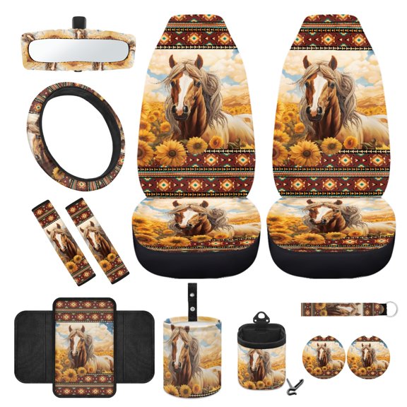 Yuyamidu 12 PCS Wolf Front Car Seat Cover Set with Steering Wheel Cover Seat Belt Strap Protector Armrest Pad Cup Holder Trash Bag Air Vent Pocket Rear View Mirror Cover Keychain, Blue