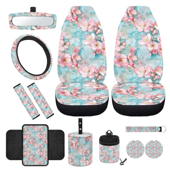 Yuyamidu 12 Pack Blue Marble Print Car Seat Covers Set for Front Seat Pink Flower Steering Wheel Seat Belt Cover Armrest Pad Trash Bin Sunglass Pocket Rear View Mirror Cover Coaster Keychain