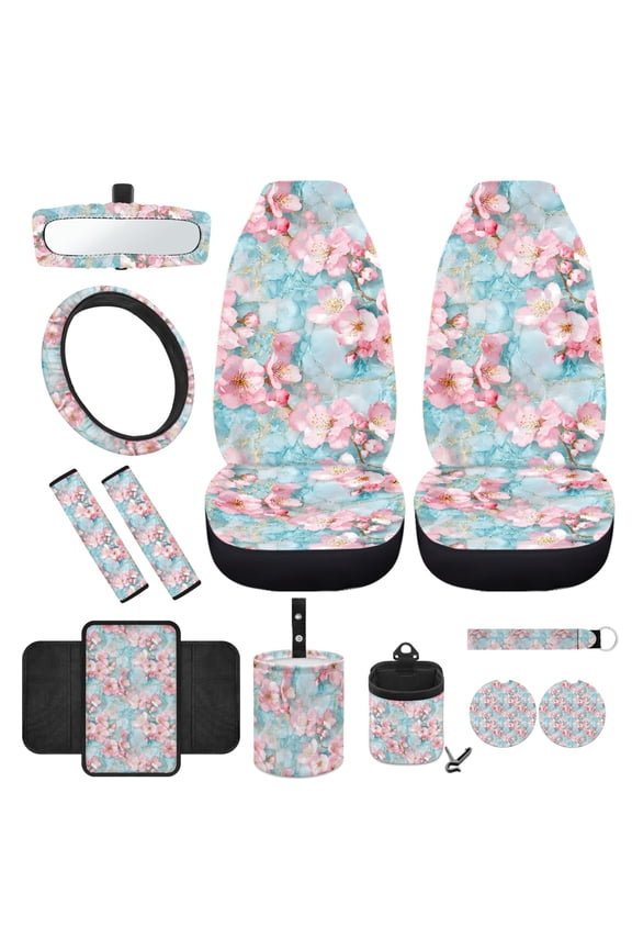 12 Pack Blue Marble Print Car Seat Covers Set for Front Seat Pink Flower Steering Wheel Seat Belt Cover Armrest Pad Trash Bin Sunglass Pocket Rear View Mirror Cover Coaster Keychain