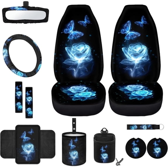 Yuyamidu 12 Pack Rose Car Seat Covers for Front Seat Blue Butterfly Steering Wheel Cover Safe Belt Pads Armrest Pad Coasters Garbage Can Rear View Mirror Cover Keychain Air Vent Storage Bag