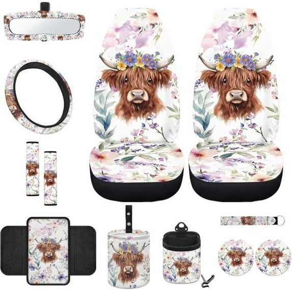 Yuyamidu 12 Pcs Highland Cow Car Front Seat Cover Set Purple Flower Steering Wheel Armrest Cover Seat Belt Pads Garbage Can Air Vent Pouch Rearview Mirror Cover Coasters Keychain Auto Accessories