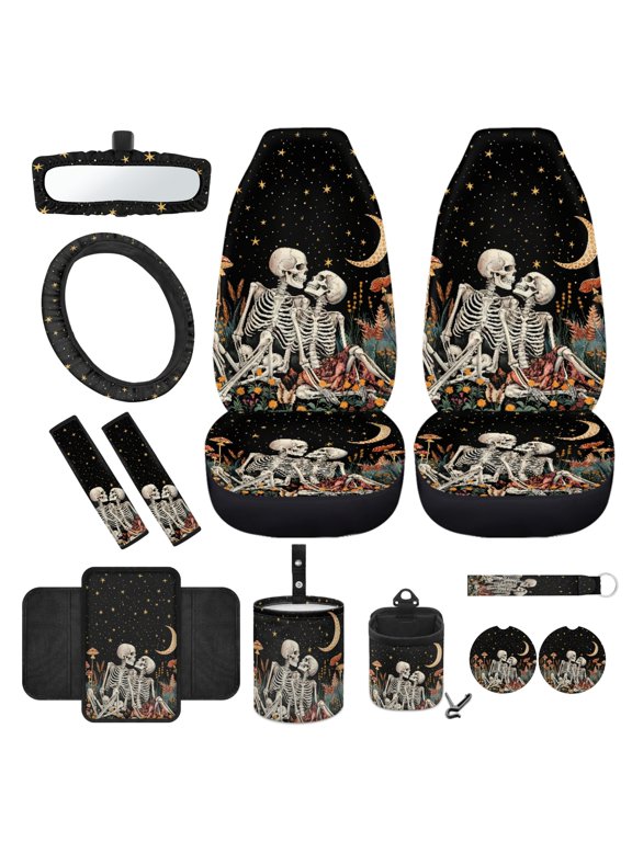 12 Piece Skull Car Seat Covers Full Set for Front Seat Mushroom Steering Wheel Cover Seat Belt Pads Armrest Cover Trash Bin Car Vent Organizer Rearview Mirror Cover Coasters Keychain