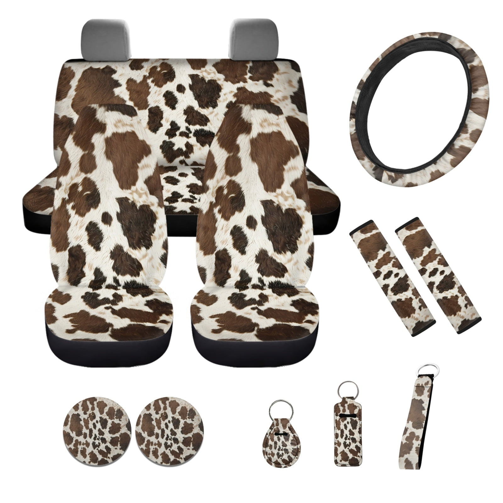 Yuyamidu 12 Pieces Car Seat Covers and Steering Wheel Cover Brown Cow Print Auto Seat Belt Strap Pad Cute Car Coasters Wrist Key Chain Chapstick Holder Keychain