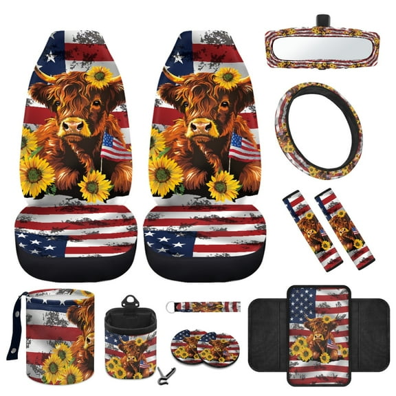 Yuyamidu 12pcs Highland Cow Car Seat Cover Set USA Flag Front Bucket Seat Cover Steering Wheel Cover Armrest Cushion Seatbelt Pads Trash Can Air Vent Holder Rear View Mirror Cover Coasters Keychain