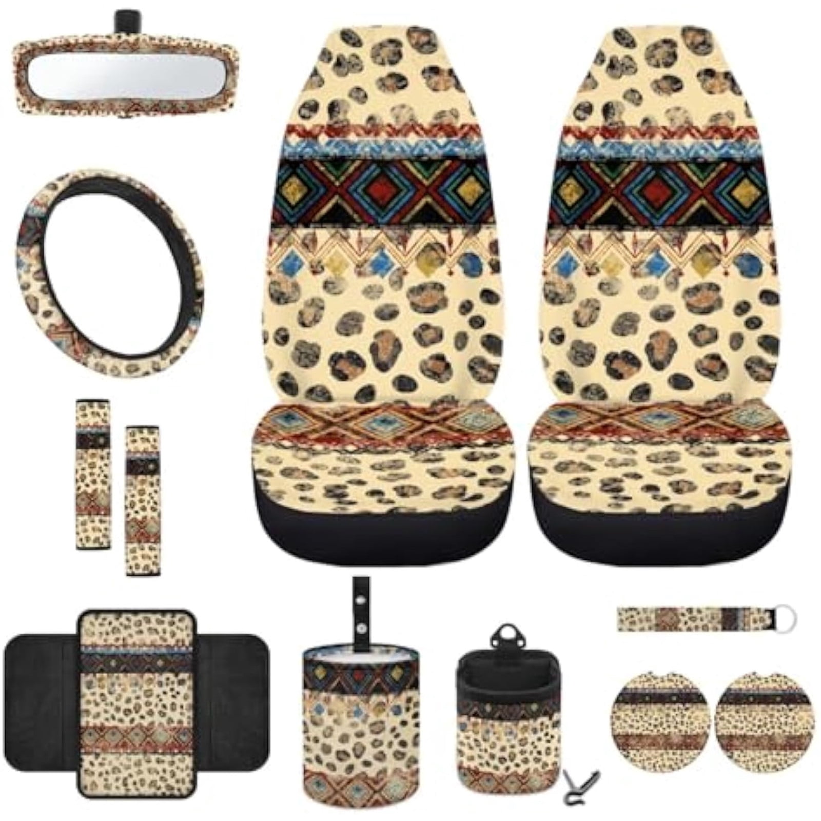 Yuyamidu 12pcs Leopard Print Front Car Seat Cover Set Aztec Ethnic Steering Wheel Cover Seatbelt Pad Armrest Pad Coasters Garbage Can Rear View Mirror Cover Keychain Air Vent Bag Universal Fit