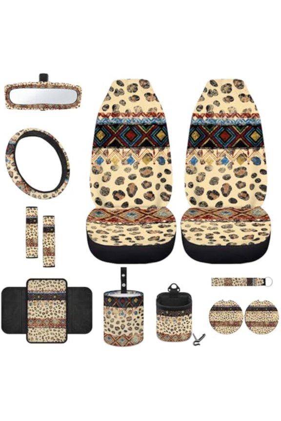 12pcs Leopard Print Front Car Seat Cover Set Aztec Ethnic Steering Wheel Cover Seatbelt Pad Armrest Pad Coasters Garbage Can Rear View Mirror Cover Keychain Air Vent Bag Universal Fit