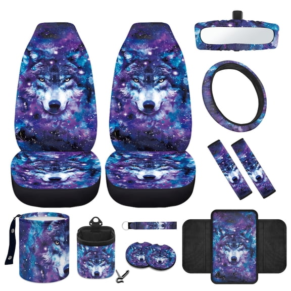 Yuyamidu 12pcs Wolf Car Accessories Front Car Seat Cover Set Galaxy Steering Wheel Cover Seatbelt Pads Armrest Mat Trash Can Mount Pocket Cup Holders Rearview Mirror Cover Keychain Auto Decor