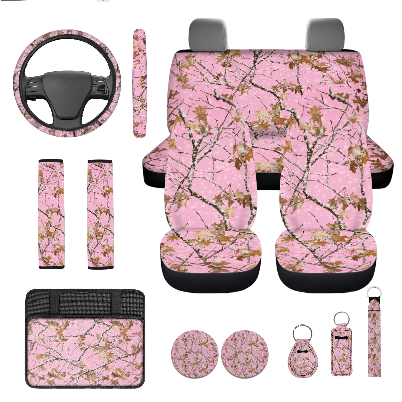 Yuyamidu 13 PCS Camo Hunting Car Seat Covers Set Pink Wood Steering Wheel Cover Seat Belt Covers Car Armrest Cover Cushion Coasters Lipstick Holder Keychain Auto Interior Accessories