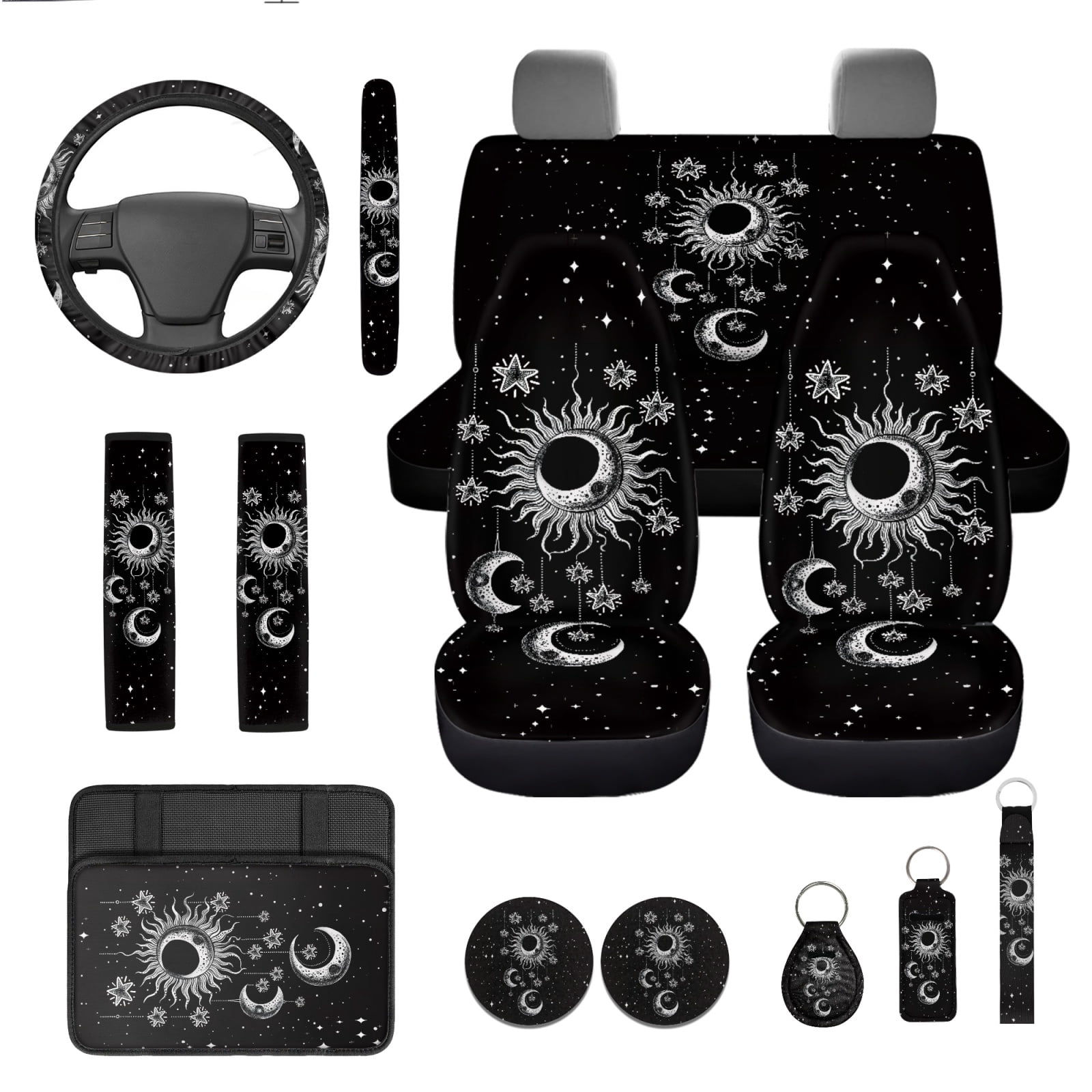 Yuyamidu 13 PCS Car Accessories Set Black Sun and Moon Auto Seat Covers and Steering Wheel Cover Seatbelt Pad Armrest Cover Pad Coasters Keychain