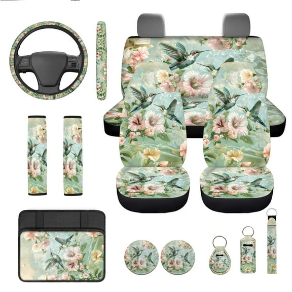 Yuyamidu 13 PCS Car Accessories Set Hummingbird Auto Seat Covers and Steering Wheel Cover Seatbelt Pad Flowers Armrest Cover Pad Coasters Keychain, Green