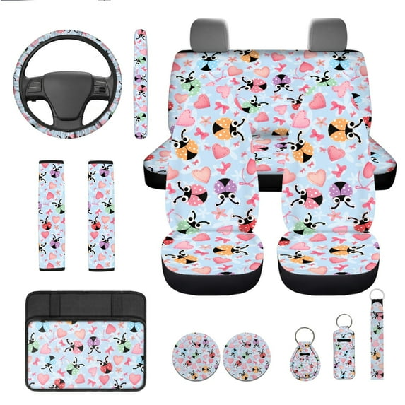 Yuyamidu 13 PCS Car Seat Cover Full Set Cute Ladybug Automotive Accessorise Steering Wheel Cover Seat Belt Pads Center Console Pad Lip Gloss Bag Cup Coasters Key Ring