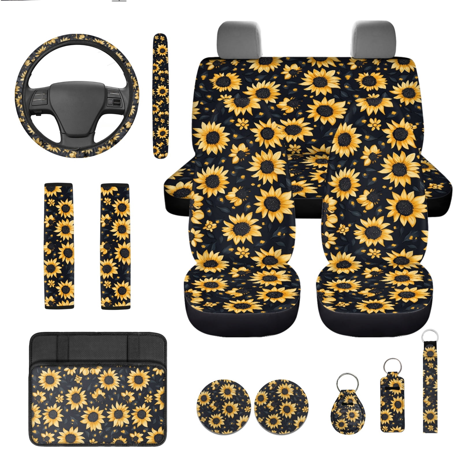 Yuyamidu 13 PCS Car Seat Cover Full Set Sunflower Steering Wheel Cover Seat Belt Pad Cover Coasters Armrest Cover Keychain Lipstick Holder Car Decor Accessories