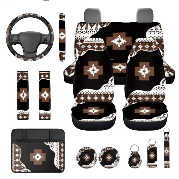 Yuyamidu 13 PCS Car Seat Cover Full Set with Steering Wheel Cover Aztec Ethnic Gemoetric Center Console Cover Seat Belt Cover Coaster Key Chain
