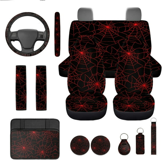 Yuyamidu 13 PCS Car Seat Cover Set with Steering Wheel Cover Red Cobweb Seat Belt Strap Cover Armrest Cover Coaster Keychain Fit SUV Sedan Automobile Interior Sets