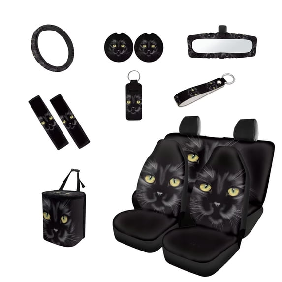 Yuyamidu 13 PCS Car Seat Covers Full Set Car Steering Wheel Accessories Car Seat Belt Cover Auto Rear View Mirror Cover Trash Bin Car Coasters Keychain Black Cat Chapstick Holder