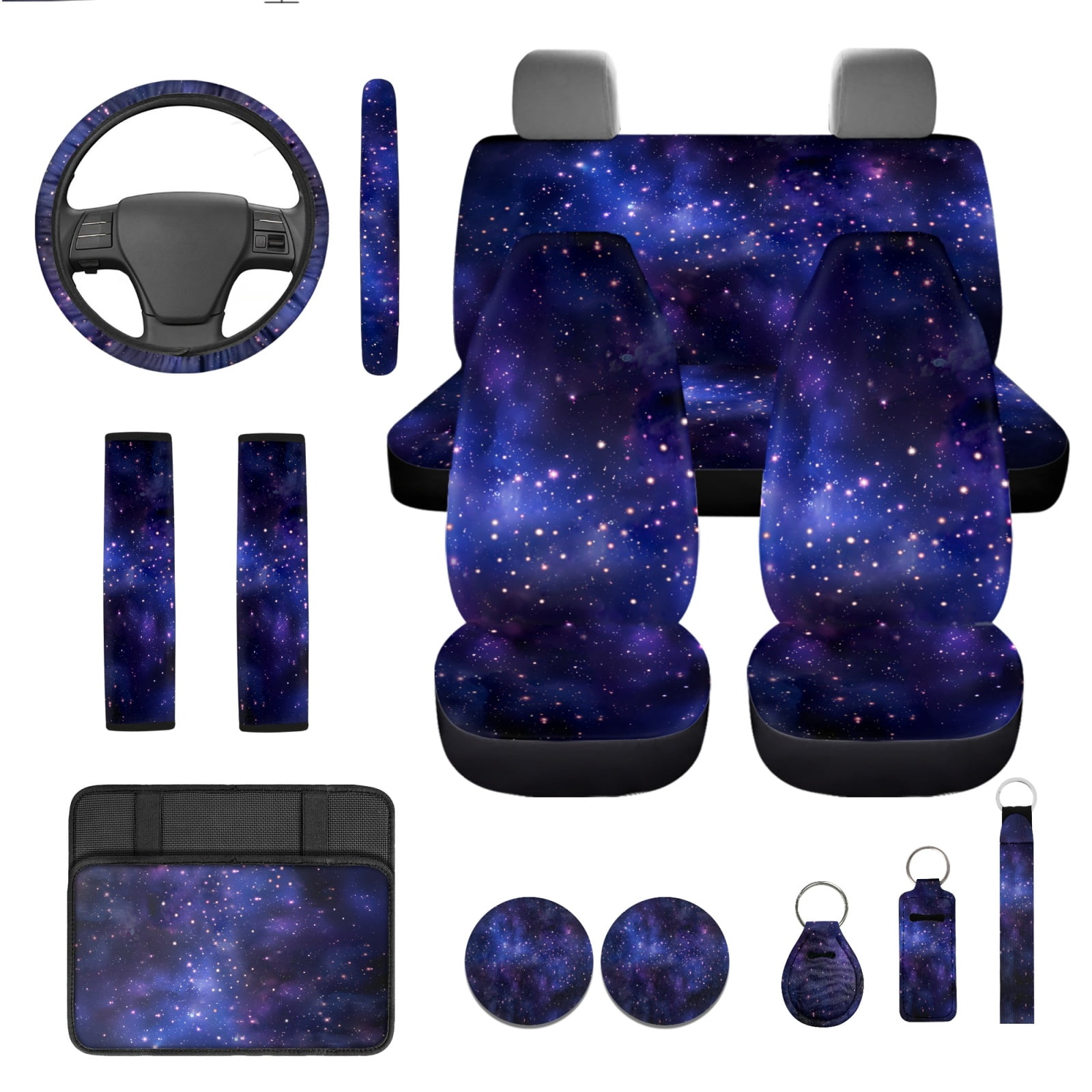 Yuyamidu 13 PCS Car Seat Covers and Steering Wheel Cover Galaxy Seatbelt Strap Pad Starry Sky Auto Armrest Cover Cushion Lip Balm Pouch Key Ring Cup Coasters
