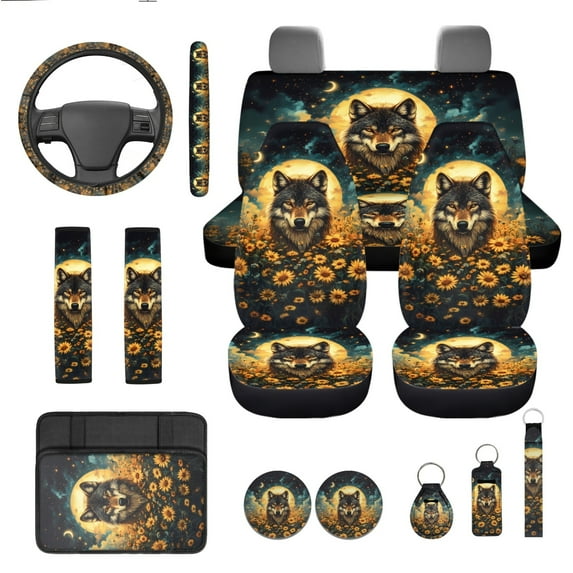 Yuyamidu 13 PCS Car Seat Covers Wolf Sunflowers Steering Wheel Cover Seatbelt Strap Pad Armrest Cover Pad Lip Gloss Bag Keychain Cup Coasters for SUV Truck