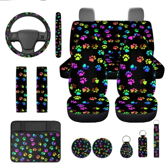 Yuyamidu 13 PCS Colorful Dog Paw Car Seat Covers Set with Steering Wheel Cover Seat Belt Pads Cute Armrest Seat Box Cover Keychain Coasters Auto Accessories